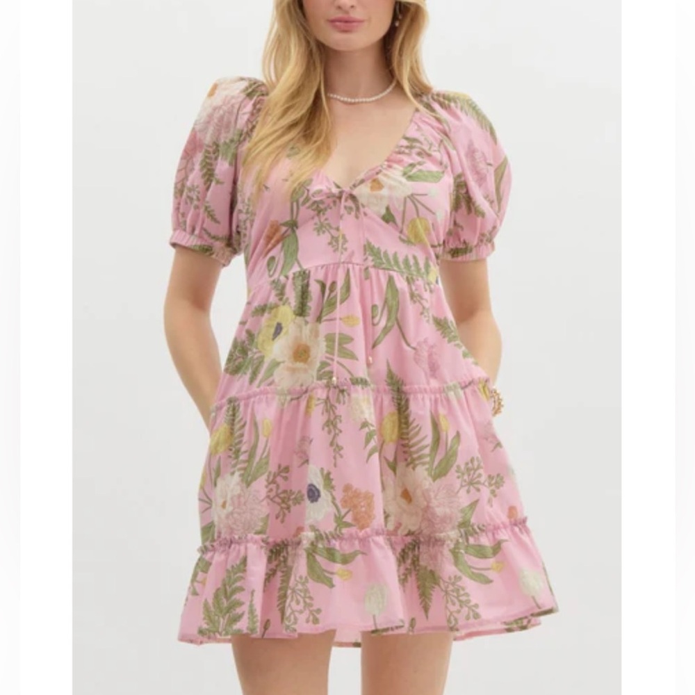 New Pink Tropical Floral Puff Sleeve Bow Dress